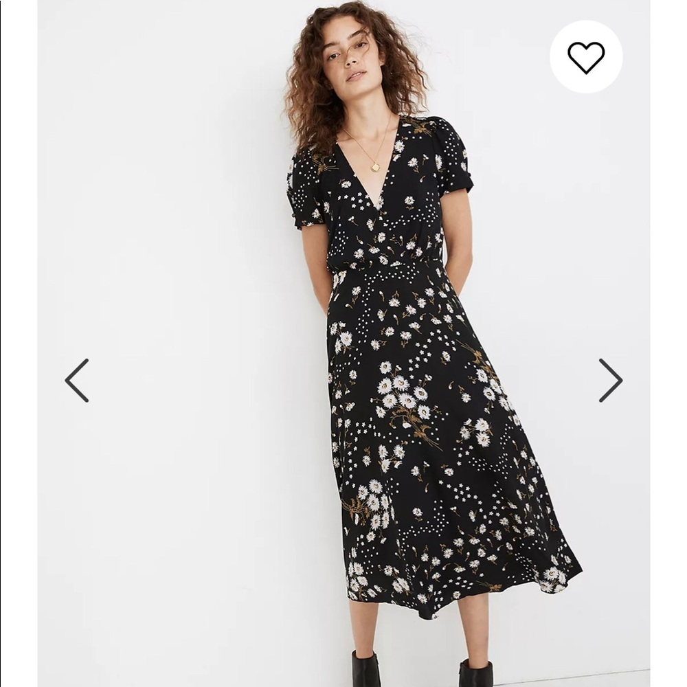 Puff-Sleeve Wrap-Front Midi Dress in Polka Daisies